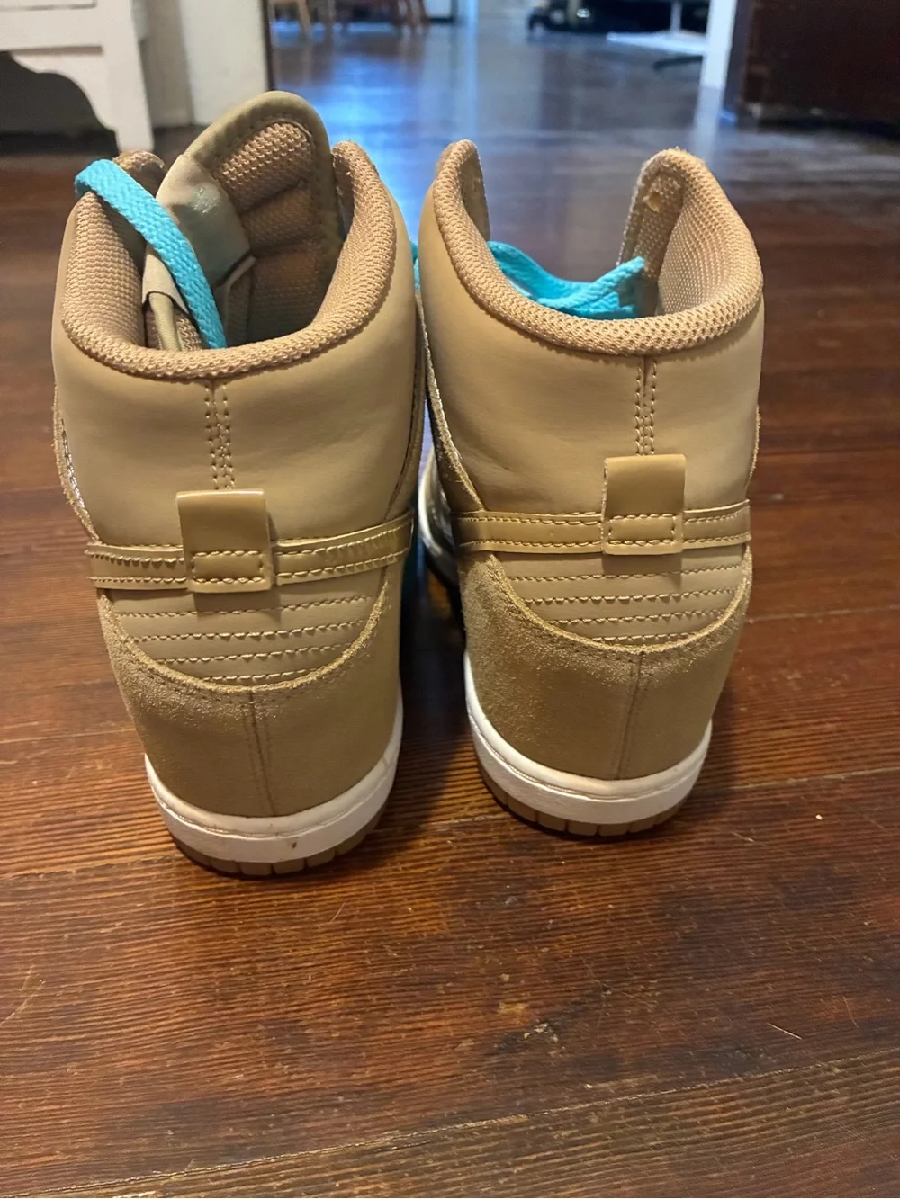 Nike Women’s High-Top Sneakers in Tan with Turquoise Laces